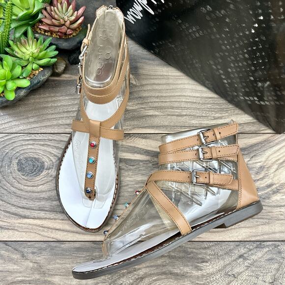 NIB Sam Edelman 9M Camel Genevive Leather Studded Strappy Gladiator Sandals - Picture 1 of 12